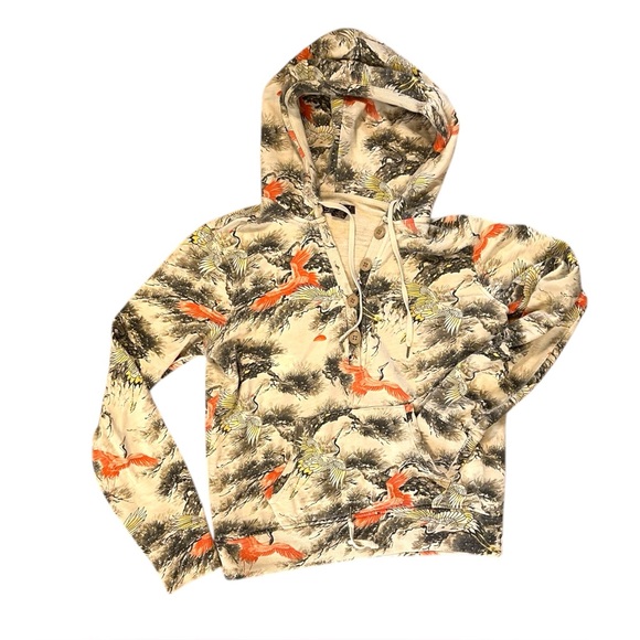 Lucky Brand Women’s Medium Hoodie Cranes Graphic Print Cream Brown Peach Cotton - Picture 2 of 4